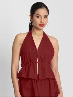 Bene Kleed - Womens Maroon Solid Slim Fit Halter Neck Top