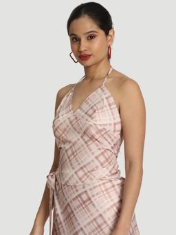 Bene Kleed - Womens Pink Checks Slim Fit Halter Neck Top