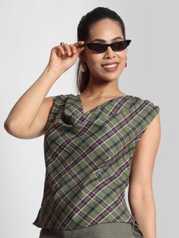 Bene Kleed - Womens Olive Relaxed Fit Cowl Neck Cut Sleeve Top