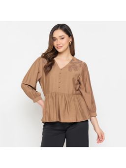 Madame - Womens Brown Embroidered Peplum Top