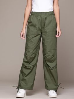 MIXT by Nykaa Fashion - Womens Olive Loose Fit High Rise Parachute Cargo Trouser