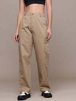 MIXT by Nykaa Fashion - Womens Solid Beige Flat Front High Rise Cargo Pant