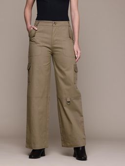 MIXT by Nykaa Fashion - Womens Solid Taupe Flat Front High Rise Wide Leg Cargo Pant