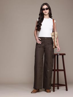 MIXT by Nykaa Fashion - Womens Solid Coffee Brown Flat Front High Rise Wide Leg Cargo Pant
