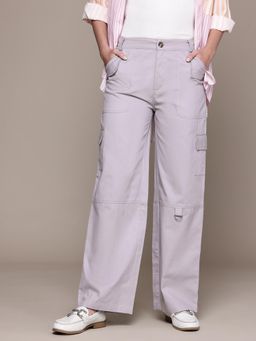 MIXT by Nykaa Fashion - Womens Solid Grey Flat Front High Rise Wide Leg Cargo Pant