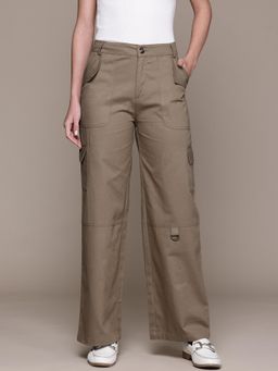MIXT by Nykaa Fashion - Womens Solid Beige Flat Front High Rise Wide Leg Cargo Pant