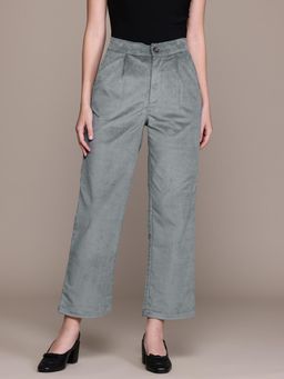 Twenty Dresses by Nykaa Fashion - Womens Pleated Grey Corduroy Parallel Trouser