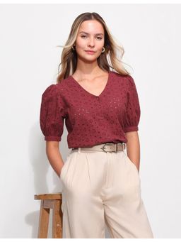 U.S. POLO ASSN. - Maroon Schiffli Pure Cotton Top