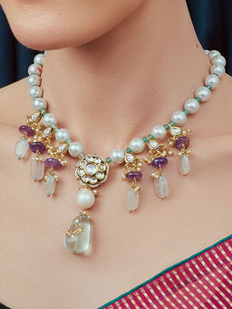 Joules By Radhika - Blue Purple Gold Tone Kundan Beaded Necklace