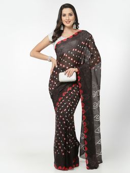 KISHORI - Women Silk Bandhani and Zari Weaving Saree with Unstitched Blouse - Black