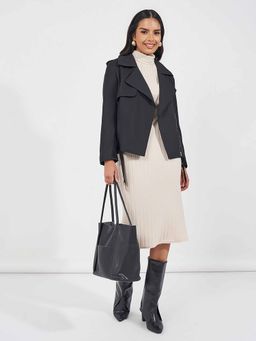 Styli - Women's Black Regular Fit Regular Length Jacket With Belt (Set Of 2)