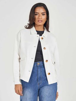 Styli - Women's White Solid Oversized Fit Regular Length Shacket