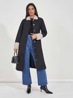 Styli - Women's Black Regular Fit Buttoned Wool Like Overcoat