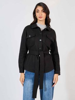 Styli - Women's Solid Fit Regular Length Shacket With Belt (Set Of 2)