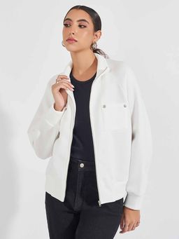 Styli - Women's Cream Regular Length Oversized Plain Bomber Jacket
