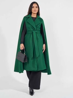 Styli - Women's Dark Green Regular Fit Midi Length Wool Look Overcoat Cape Sleeves