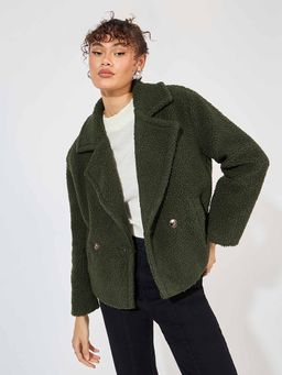 Styli - Women's Olive Fit Regular Length Faux Fur Coat
