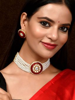 Silvermerc Designs - Gold Plated Red & White Kundan Stone Studded Choker Jewellery (Set of 2)