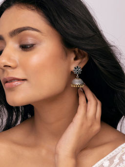 Indya - Earthen BY INDYA Dual Tone Black Stone Mini Jhumka Earrings