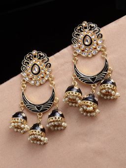 PANASH - Black & Gold Plated Crescent Shaped Kundan Jhumkas Earrings