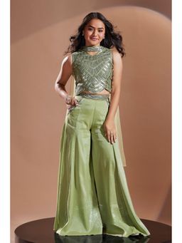Lagorii - Green Embroidered Palazzo with Top & Sheer Dupatta