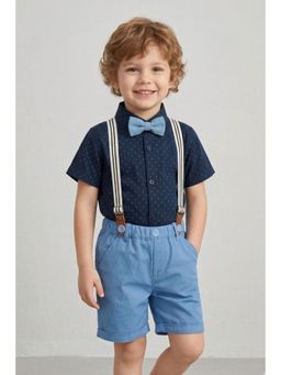 Blabber - Blue Half Sleeve Printed Shirt With Shorts, Suspender & Bow