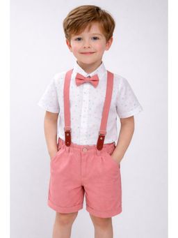 Blabber - White Half Sleeve Printed Shirt With Shorts, Suspender & Bow