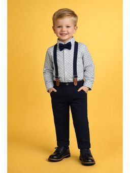 Blabber - Navy Blue Full Sleeve Printed Shirt With Trouser, Suspender & Bow