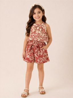 StyloBug - Flower Printed Round Neck Sleeveless Top & Shorts - Brown