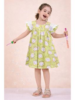 StyloBug - Cartoons Print Square Neck Half Sleeves Green Knee Length Dress