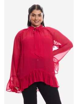 Virgio - Solid Viscose Sheer Ruffled Pink Plus Size Top with Inner Cami