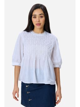 Virgio - Solid Cotton Tuck and Lace Detail Flared White Top