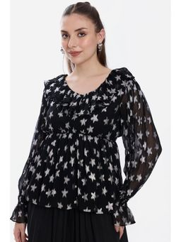Virgio - Printed Viscose Ruffled Peplum Black Top