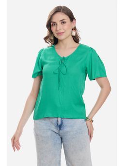 Virgio - Solid Viscose Puff Sleeve Green Top