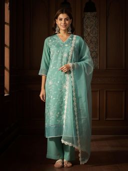 Gahan - Womens Silk Blend Embroidered Straight Kurta Pant with Organza Dupatta