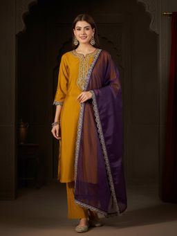 Gahan - Womens Silk Blend Yoke Embroidered Straight Kurta Pant with Organza Dupatta