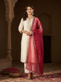 Gahan - Womens Silk Blend Yoke Embroidered Straight Kurta Pant with Organza Dupatta