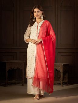 Gahan - Womens Off-White Mukesh Butti Work Kurta with Chiffon Pant and Organza Dupatta