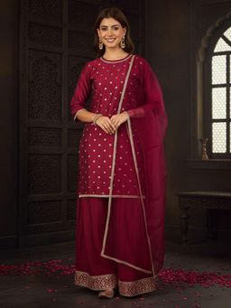 Gahan - Womens Silk Blend Embroidered Straight Kurta with Net Palazzo and Dupatta