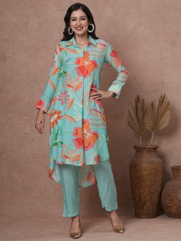 FASHOR - Women's Blue Printed Kurta with Pant (Set of 2)