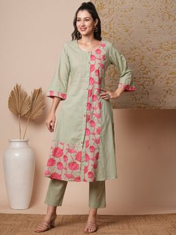FASHOR - Women's Green Printed Kurta with Pant (Set of 2)