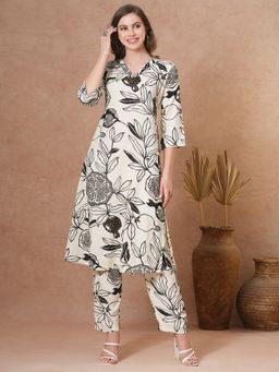 FASHOR - Women's Off White Floral Kurta with Pant (Set of 2)
