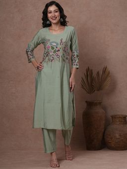 FASHOR - Women's Green Floral Kurta with Pant (Set of 2)