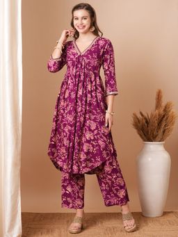FASHOR - Women's Purple Printed Kurta with Palazzo (Set of 2)