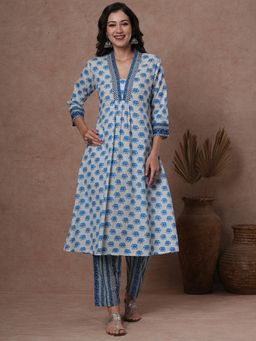 FASHOR - Women's White Printed Kurta with Pant (Set of 2)