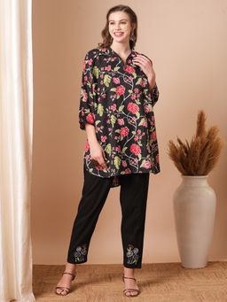 FASHOR - Women's Black Printed Kurta with Pant (Set of 2)