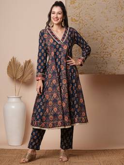 FASHOR - Women's Blue Printed Anarkali Kurta with Pant (Set of 2)