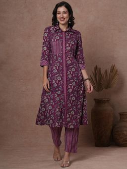 FASHOR - Women's Purple Printed Kurta with Pant (Set of 2)