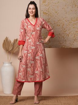 FASHOR - Women's Rust Floral Kurta with Pant (Set of 2)