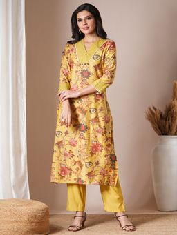 FASHOR - Women's Yellow Floral Kurta with Pant (Set of 2)